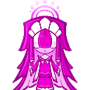 A stylized pixel art princess with one large eye and a crown, rendered in shades of pink.