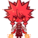 A spiky-haired anime character with a red color palette and glowing fire effects.
