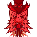 A pixelated character wearing a wide-brimmed hat and a formal suit, rendered in shades of red.