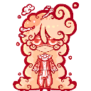 A character with massive, flowing cloud-like hair surrounded by a glowing red aura and floating sparks.