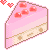 Three slices of pink strawberry cake with red hearts floating above them in a pixel art style.