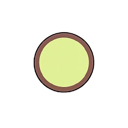 A yellow circular orb with a brown outline emitting a faint white light trail.