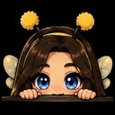 A girl with brown hair and blue eyes wearing a bee headband with antennae peeks over a dark ledge.