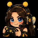A girl with brown hair and bee-themed hair accessories wearing a headset and holding a game controller with a confident smil…