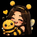Anime girl dressed as a bee happily hugging a round bee plushie with a small yellow heart floating nearby.