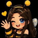 A cute anime girl dressed as a bee winks and waves with a yellow heart floating nearby.