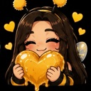 A cute anime girl with bee antennae and wings holding a large, dripping golden heart with a happy expression.