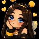 Anime girl with bee antennae and wings resting her chin on her hand, surrounded by floating yellow hearts.