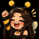 A girl with brown hair wearing a bee costume with antennae and wings, cheering with her fist raised in the air.