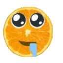 An orange slice with large anime eyes and a drooling mouth.