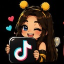 Anime girl with bee antennae winks and holds a black square logo with a blue and pink musical note symbol.