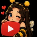 A cute anime girl dressed as a bee winking and hugging a red square icon with a white play button while small hearts float n…