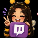 A cute anime girl wearing a bee costume and antennae, smiling and making a peace sign while holding a purple square logo.