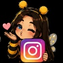 A cute anime girl in a bee costume winking and blowing a kiss while holding a colorful square icon.
