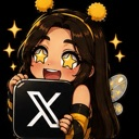 A cute anime-style bee girl with star-shaped eyes holding a black square with a white X symbol while glowing with excitement.