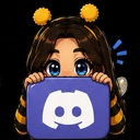 A cute anime girl with bee-themed hair accessories peeking over a blue sign with a white icon.