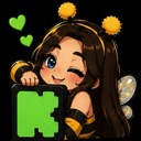 A cute anime-style girl in a bee costume winks while holding a bright green square with green hearts floating nearby.