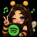 A cute anime girl with bee antennae and wings winks while holding a tablet with a green music logo, surrounded by musical no…