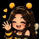 A cute anime girl wearing a bee costume with antennae and wings waves her hand while smiling with yellow hearts floating nea…