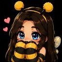 A cute anime-style girl wearing a bee costume with antennae and striped sleeves, blushing with small pink hearts floating ne…