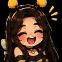 A girl with long brown hair wearing bee antennae and wings, laughing with her eyes closed.