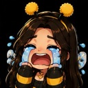 An anime-style girl wearing a bee headband crying with large, flowing blue tears.