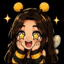 Anime-style girl dressed as a bee with star-shaped pupils and a joyful expression, holding her cheeks with both hands.