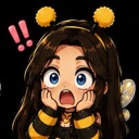 Bee girl character with wide blue eyes and open mouth showing shock with pink exclamation marks.