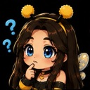 Anime girl with bee antennae and wings looking confused with blue question marks floating beside her.