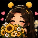 Anime girl with brown hair and yellow pom-poms smiling while holding a large bouquet of sunflowers and daisies surrounded by…