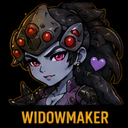 A stylized anime woman with a spider-themed headpiece and red eyes poses next to a purple heart icon.