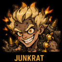 Junkrat with spiky hair and a wide, manic grin looking intensely at the viewer.