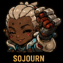 Sojourn with a happy expression raising her mechanical fist in a celebratory gesture.