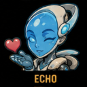 A blue robotic character winks and blows a small red heart from its hand.