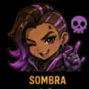 A stylized anime woman winking and smirking with a small purple skull icon next to her.