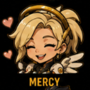 A blonde anime-style character with a golden halo smiling brightly with floating hearts on a black background.