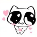 A small white creature with large black eyes and pink cheeks, surrounded by floating pink hearts.