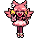 A stylized pink-haired anime girl with a wide smile making a peace sign gesture.