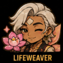 Character with light hair winks while holding a pink lotus flower.