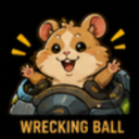 A cute brown and white hamster with raised paws riding inside a dark metallic mechanical sphere.