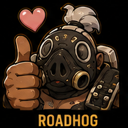 Roadhog character wearing a gas mask gives a thumbs-up gesture with a pink heart floating above his head.