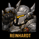 Reinhardt in heavy metal armor raising a fist in a determined pose.