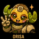 A yellow robotic character with green horns smiling and holding up a peace sign.