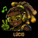 A stylized character with headphones and green goggles flashing a peace sign with a music note icon nearby.