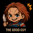 A cartoonish doll with messy hair and a scarred face holding a kitchen knife with a menacing smile.