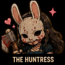 A chibi girl wearing a blood-splattered rabbit mask holds a hatchet with floating pink hearts around her head.