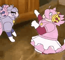 Two cartoon characters performing a rhythmic fist bump against a wooden background.