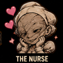 A bandaged character with a gentle expression resting their chin on their hands with pink hearts floating nearby.