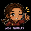Meg Thomas winking and giving a thumbs up gesture.