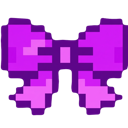 A pixel art bow featuring shades of purple and pink with a small green square in the corner.